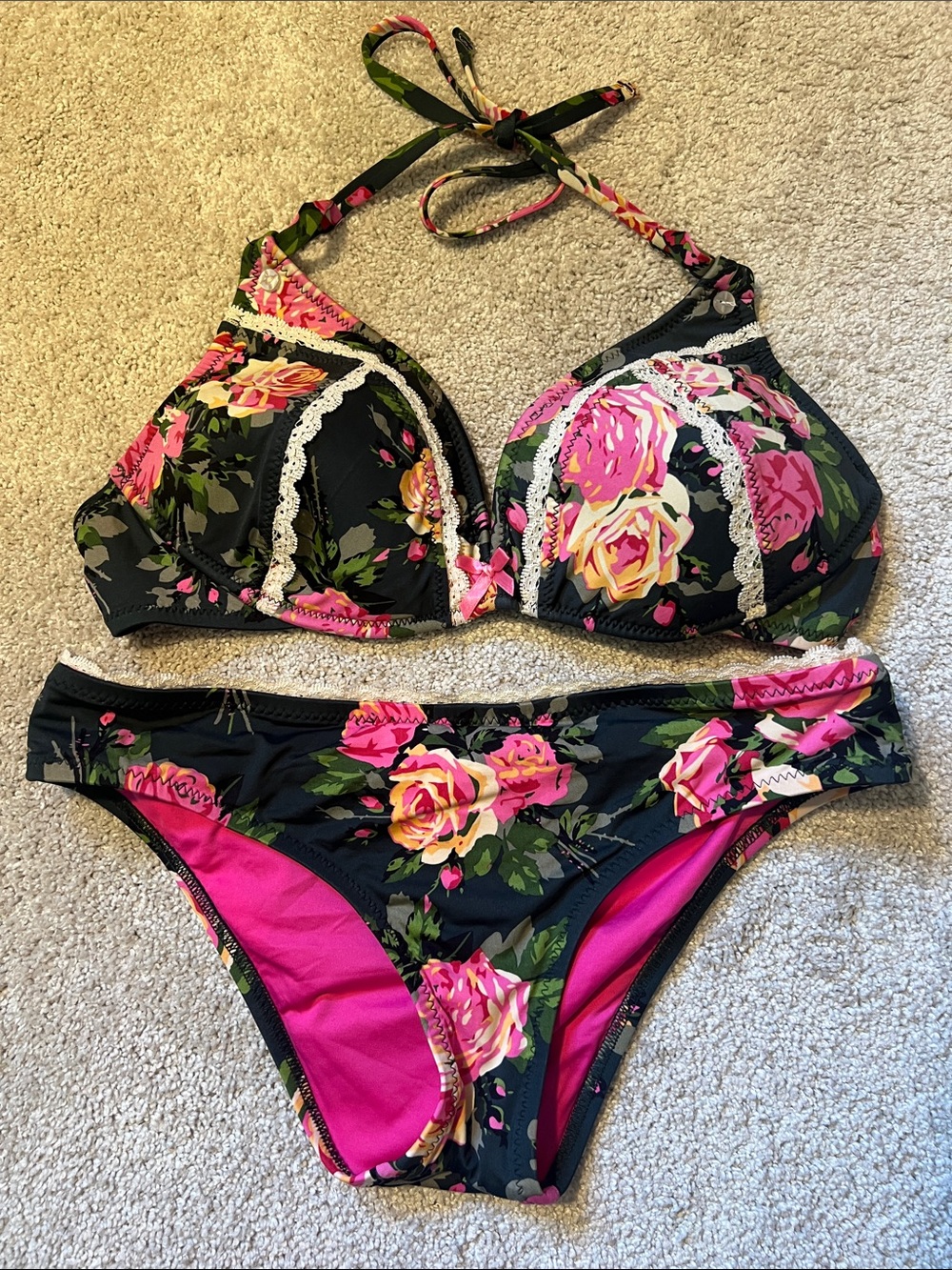Betsey Johnson Black Bikini with Pink and Yellow Floral Print